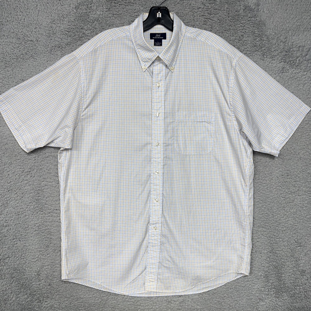 VTG Brooks Brothers 346 Shirt Mens Sz L Blue Yellow Plaid Short Sleeve Button Up